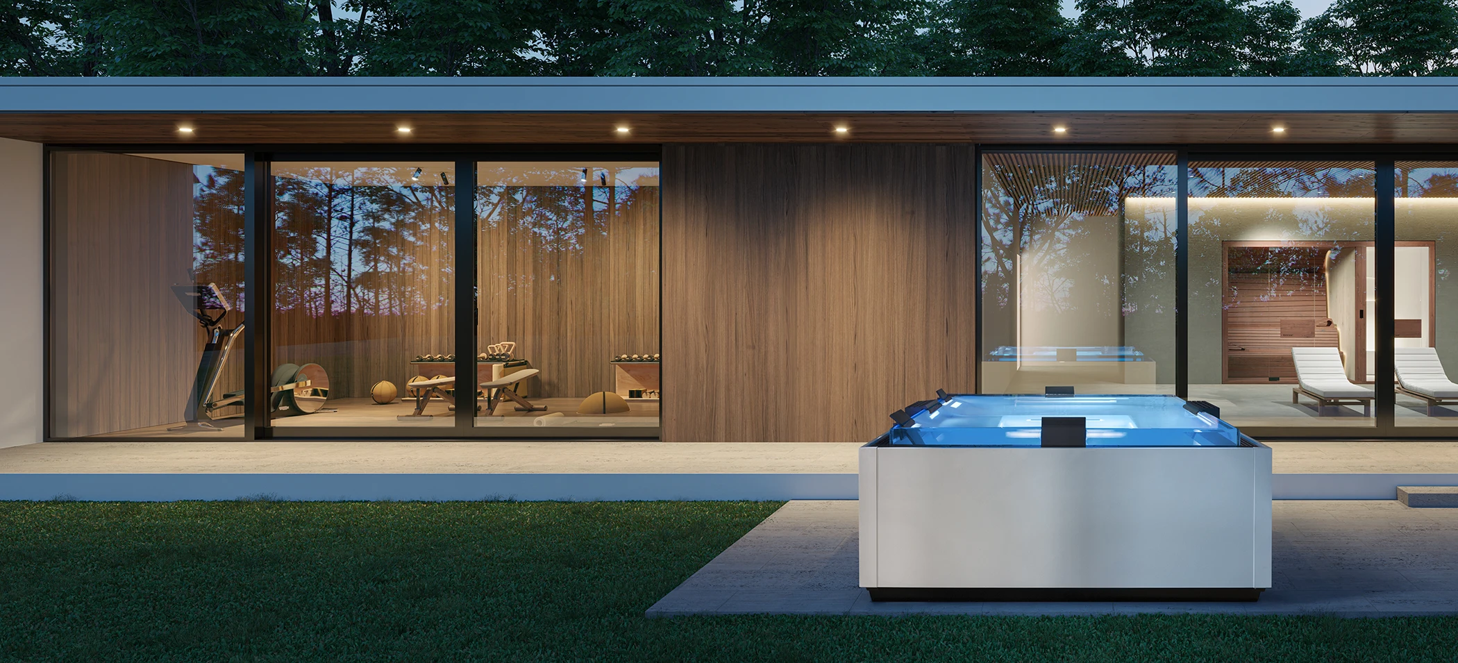 Moderna vasca idromassaggio da esterno con illuminazione LED blu, posizionata nel patio di una villa di design