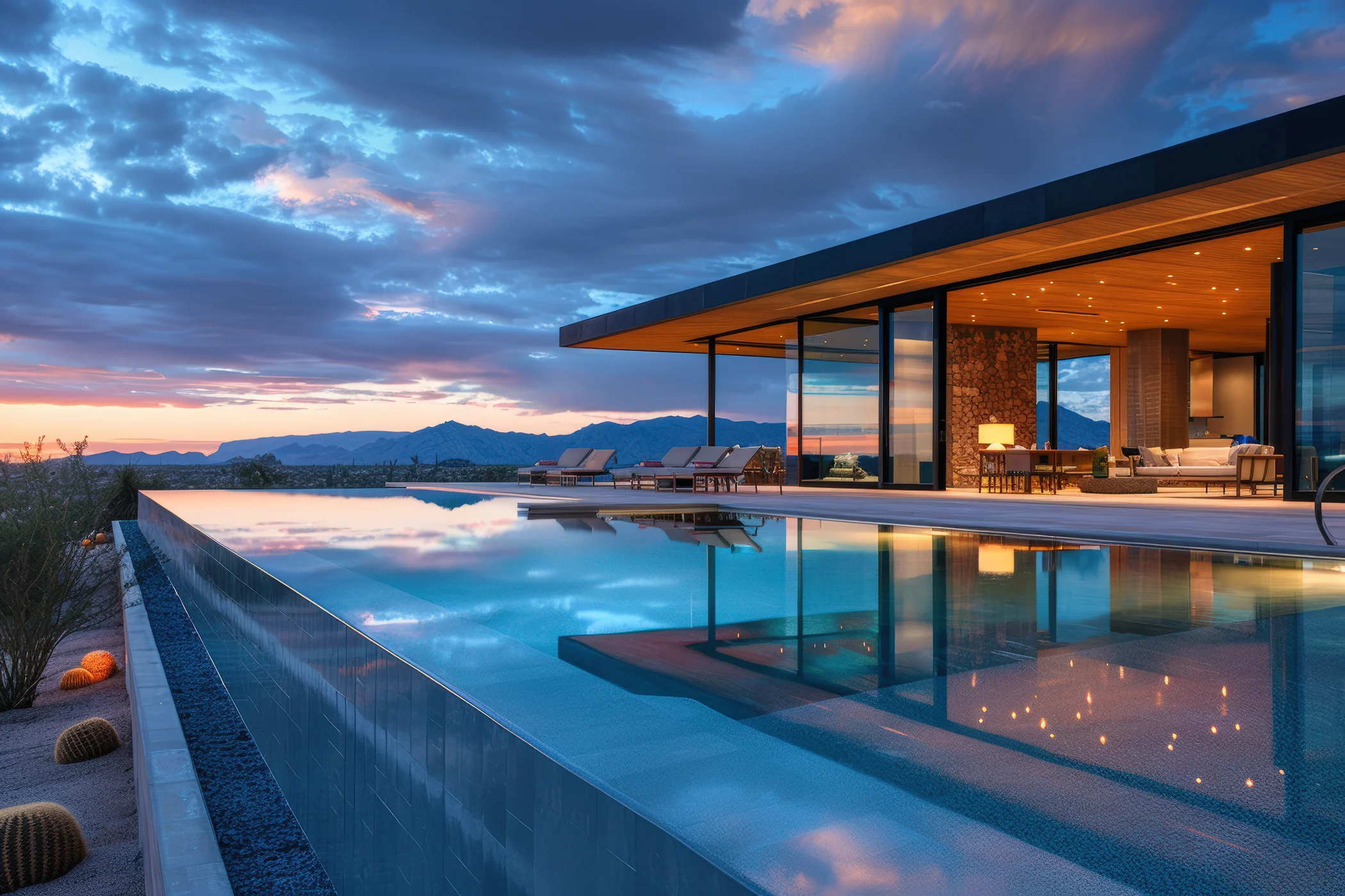 Villa con piscina al tramonto