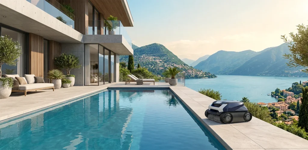 Robot pulitore su bordo piscina sul lago Robot pulitore su bordo piscina sul lago
